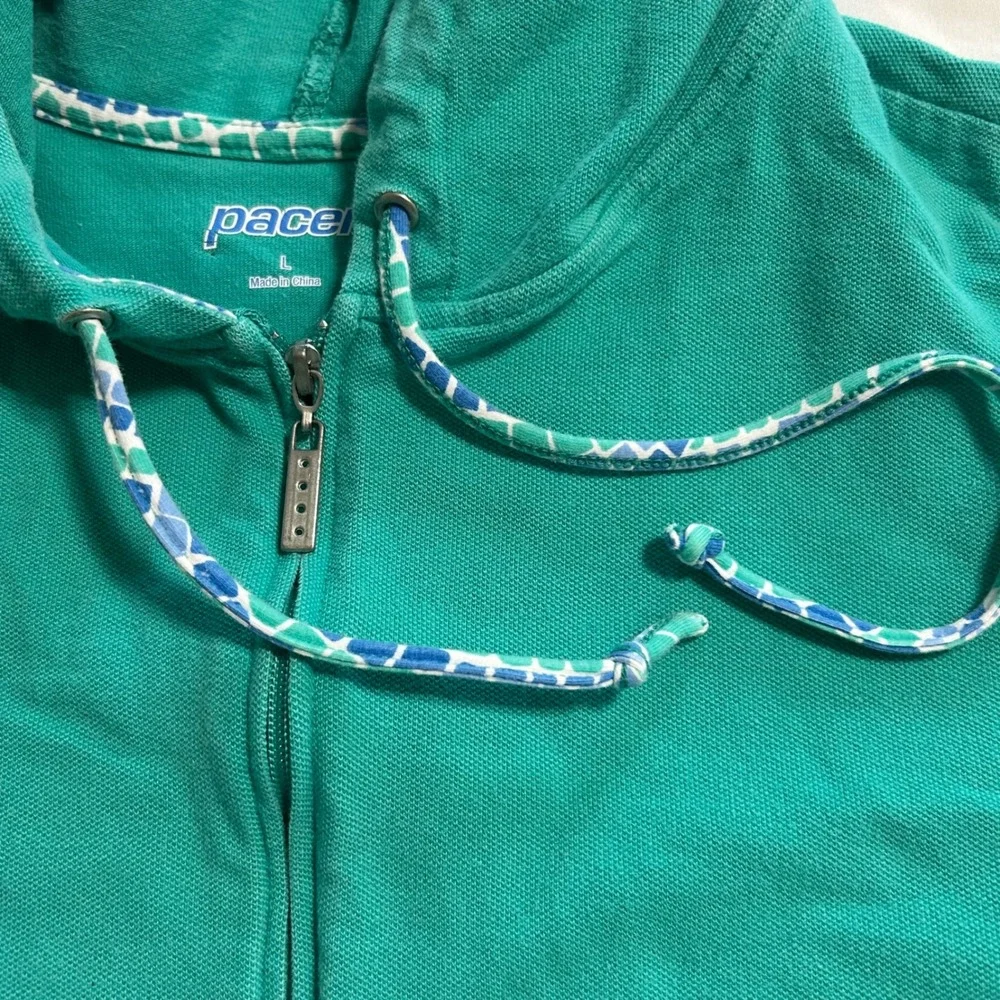 Pacer Womens Green 3/4 Sleeve Full Zip Hoodie Pique Knit Sweatshirt Large